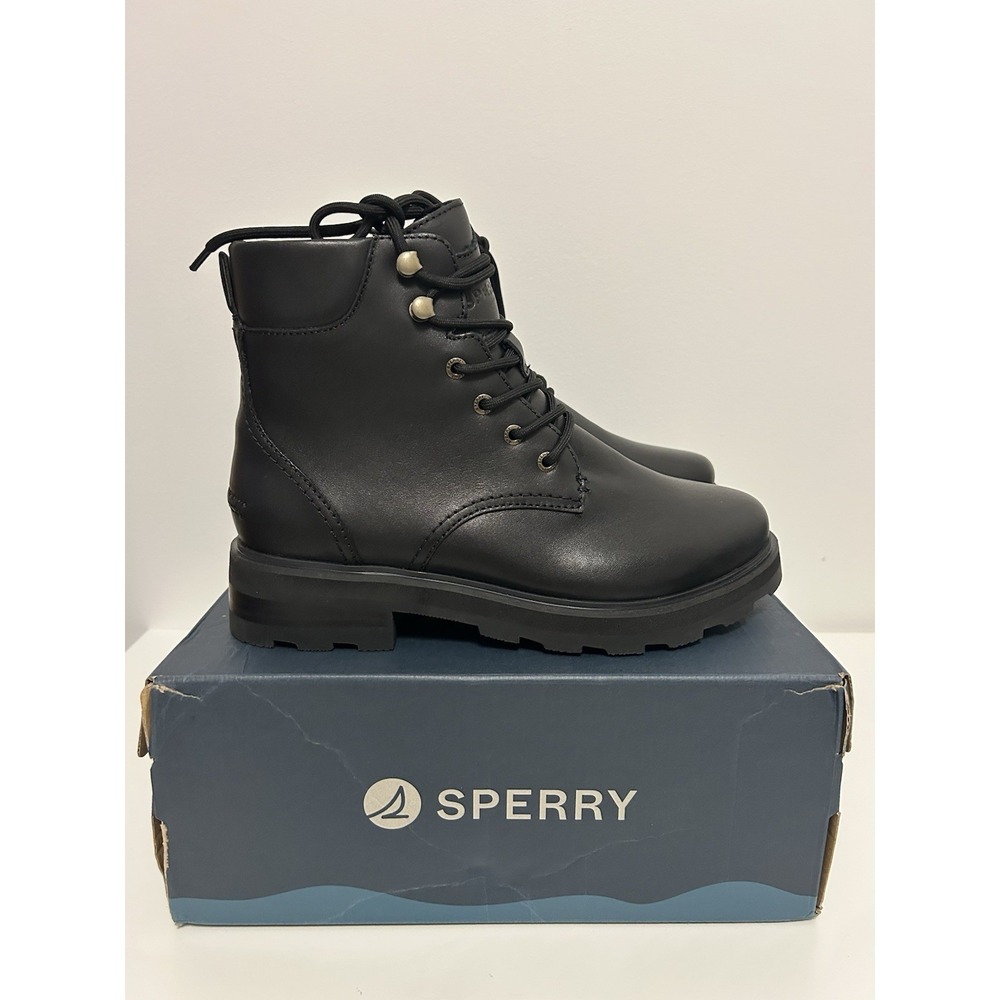 Sperry Tahoe Lug Ankle Boot Womens Size 8 Medium Black Leather Lace Ups 4" Heel